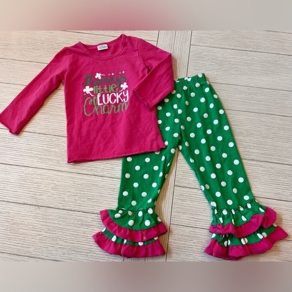 Pink, green, white polka dot 2 piece set. Size M toddlers. Cotton, spandex. - Picture 4 of 9